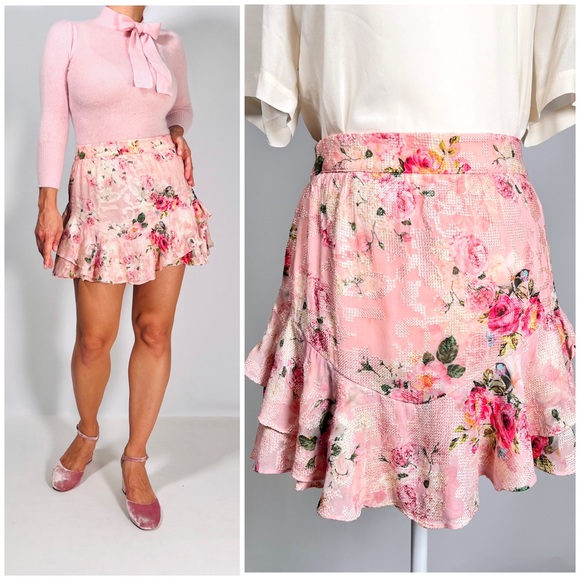 HEMANT & Handita BLUSH GEORGETTE floral ruffle mini skirt
